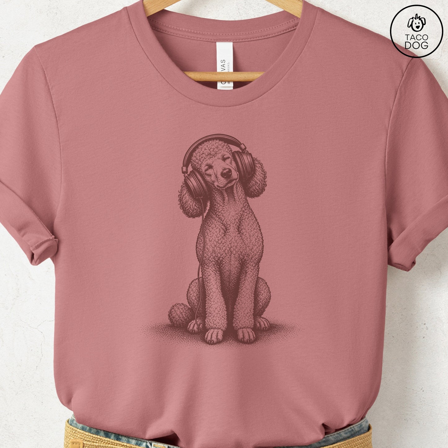 Poodle Headphones T-Shirt Heather Mauve Taco-Dog