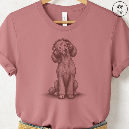 Poodle Headphones T-Shirt Heather Mauve Taco-Dog