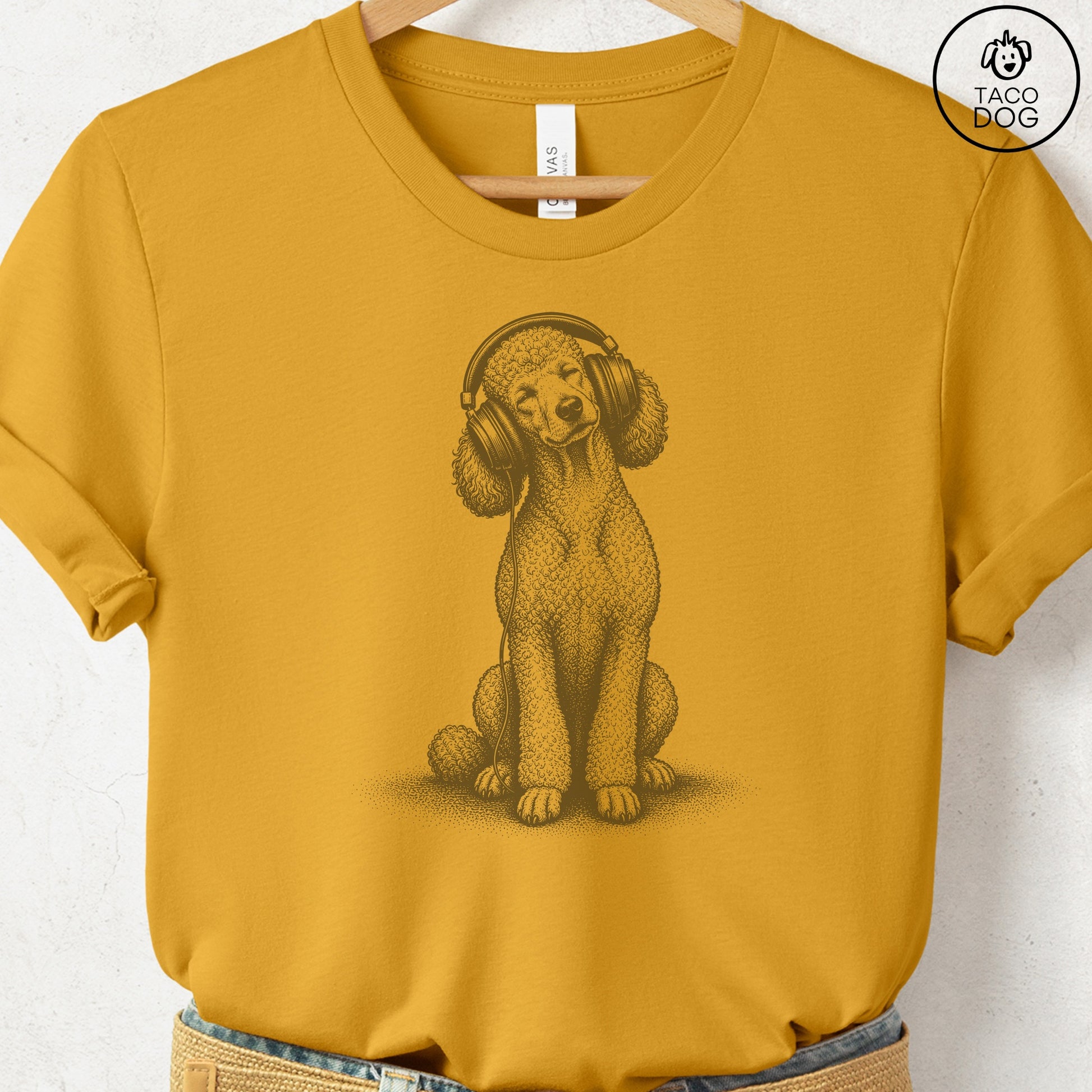 Poodle Headphones T-Shirt Mustard Taco-Dog