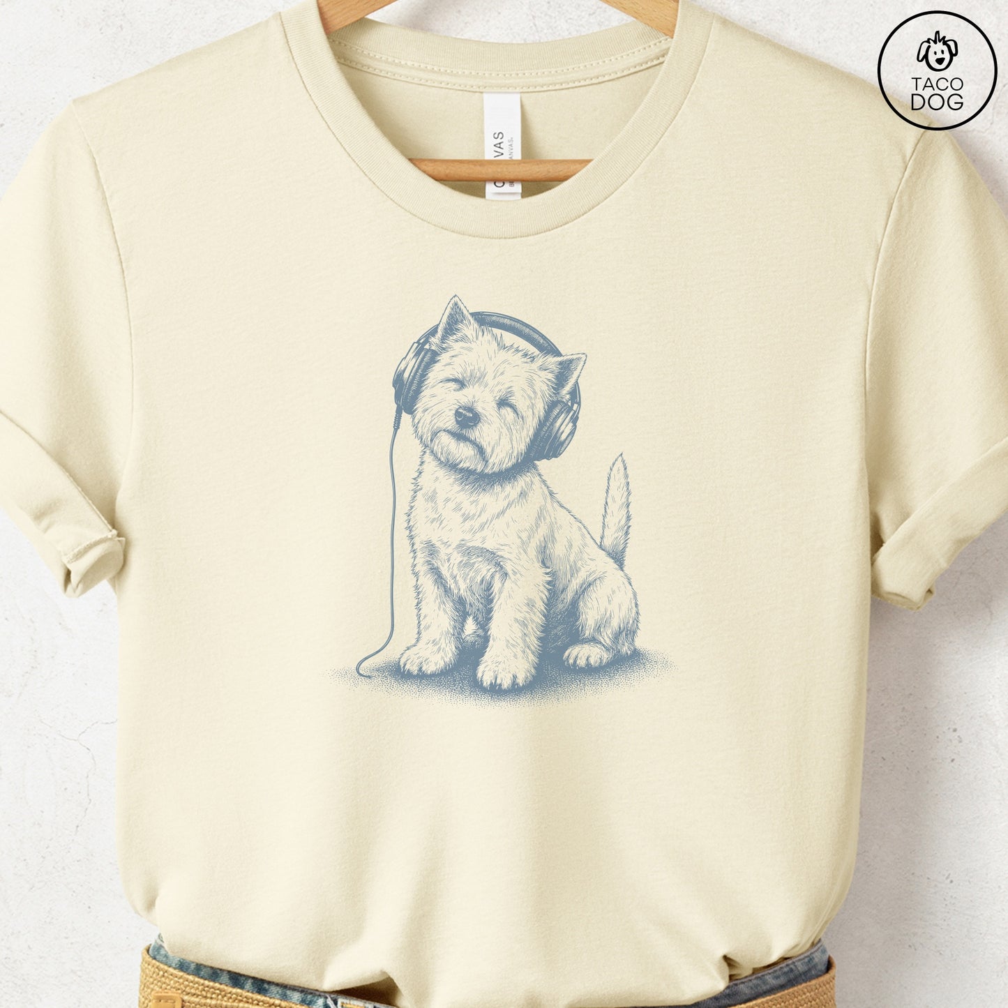 Westie Headphones T-Shirt Natural Taco-Dog