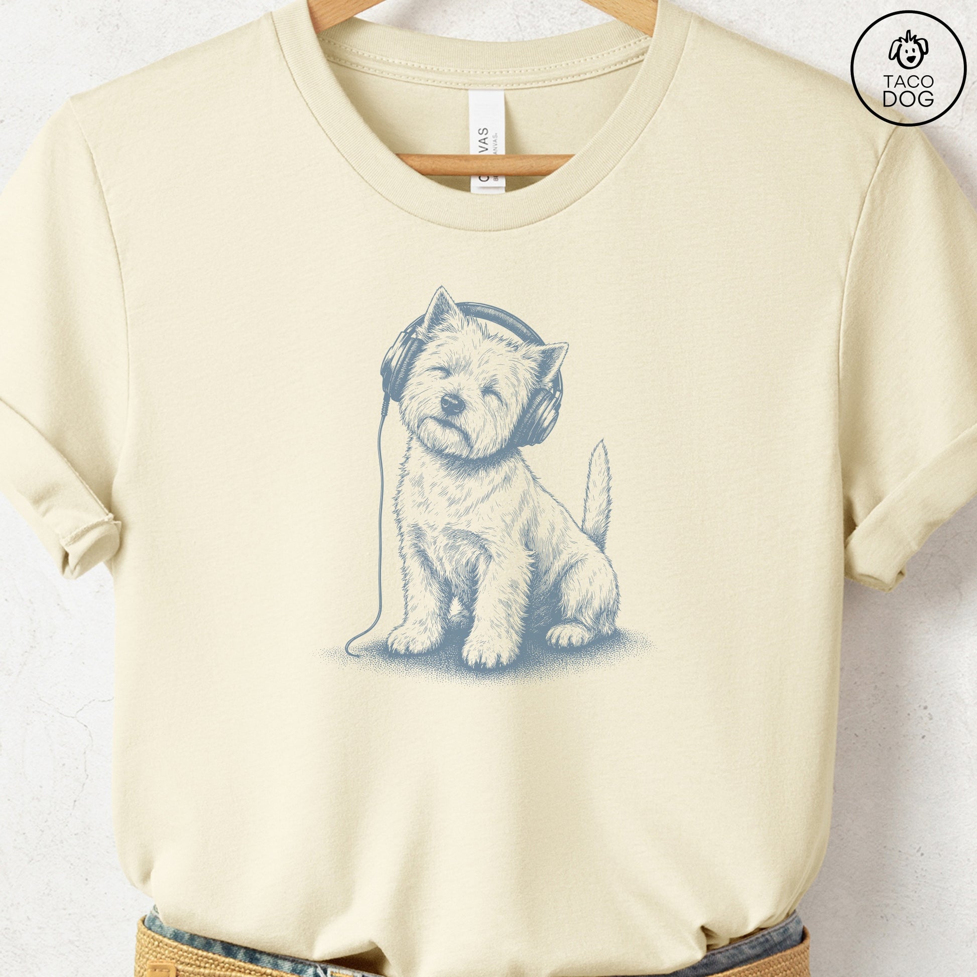 Westie Headphones T-Shirt Natural Taco-Dog