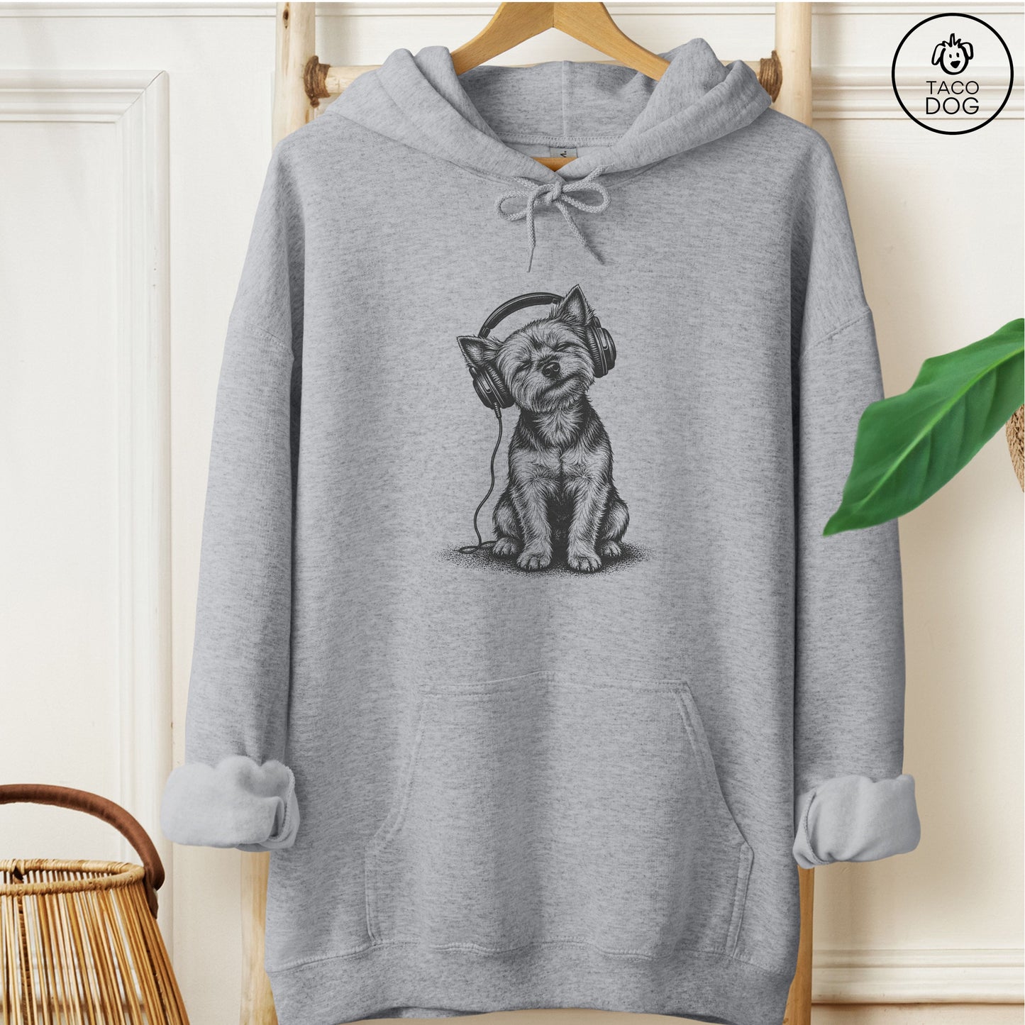 Yorkshire Terrier Yorkie Headphones Hoodie Graphite Heather Taco-Dog