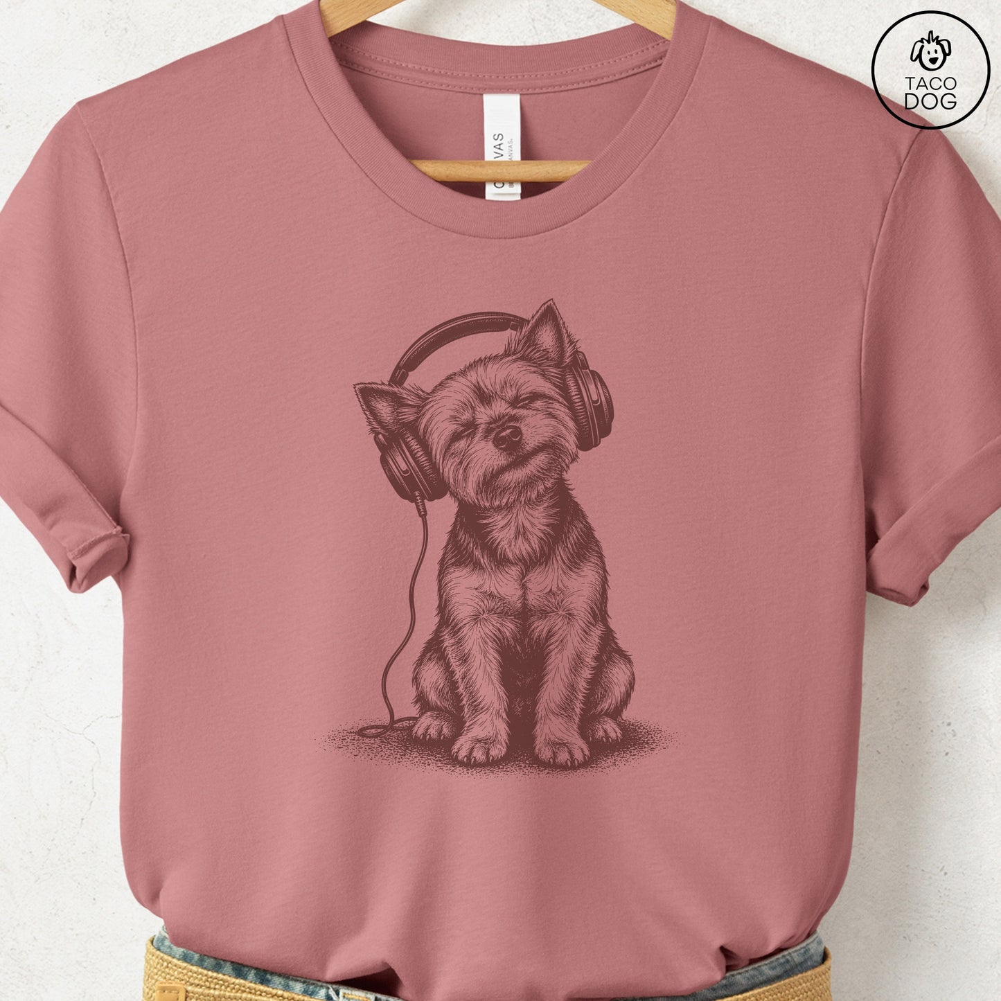 Yorkshire Terrier Yorkie Headphones T-Shirt Heather Mauve Taco-Dog
