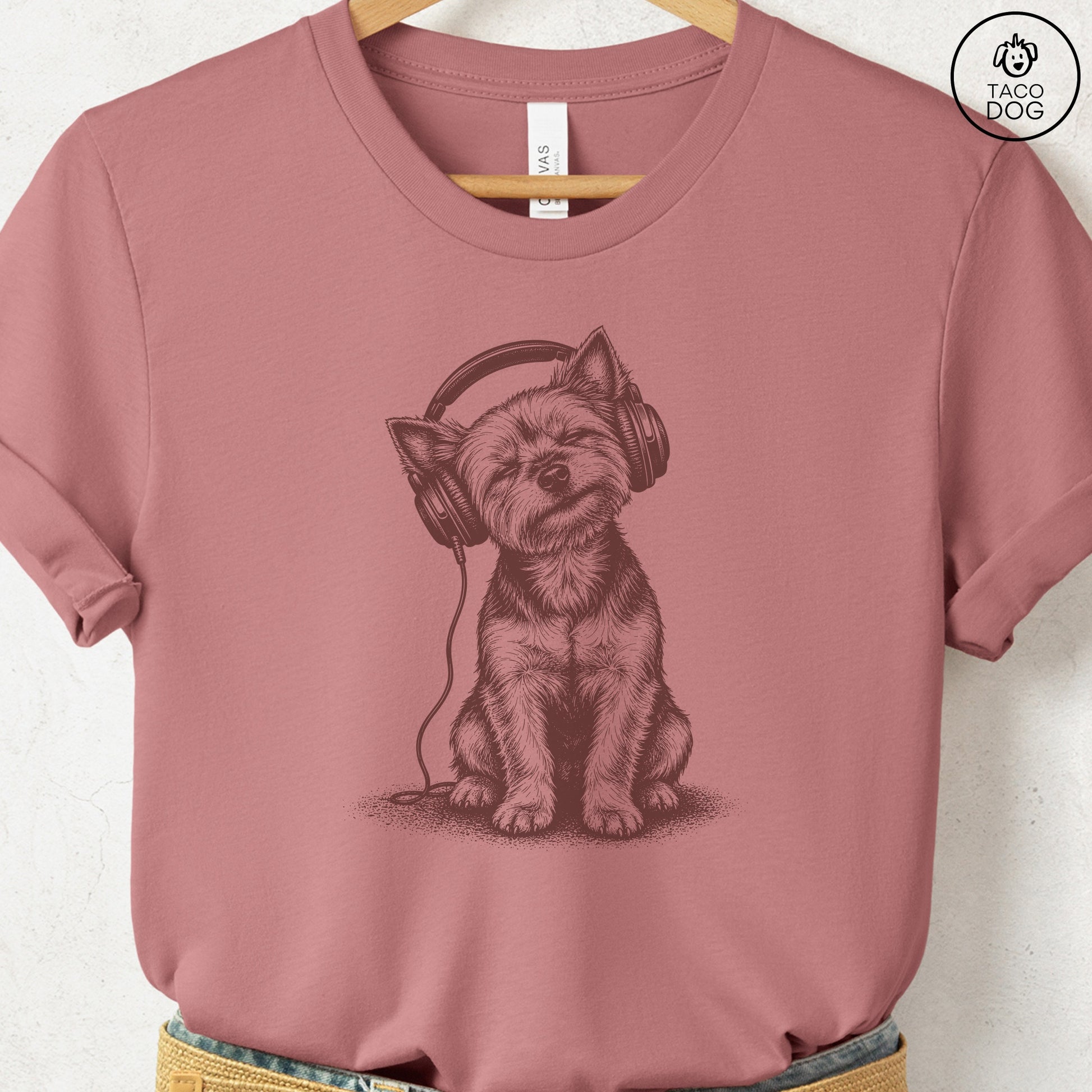 Yorkshire Terrier Yorkie Headphones T-Shirt Heather Mauve Taco-Dog