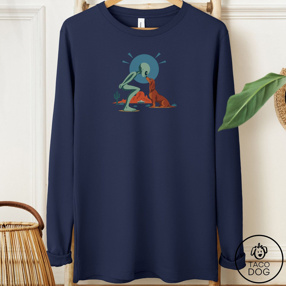 Dachshund Hello Neighbor Long Sleeve Tee Navy Taco-Dog
