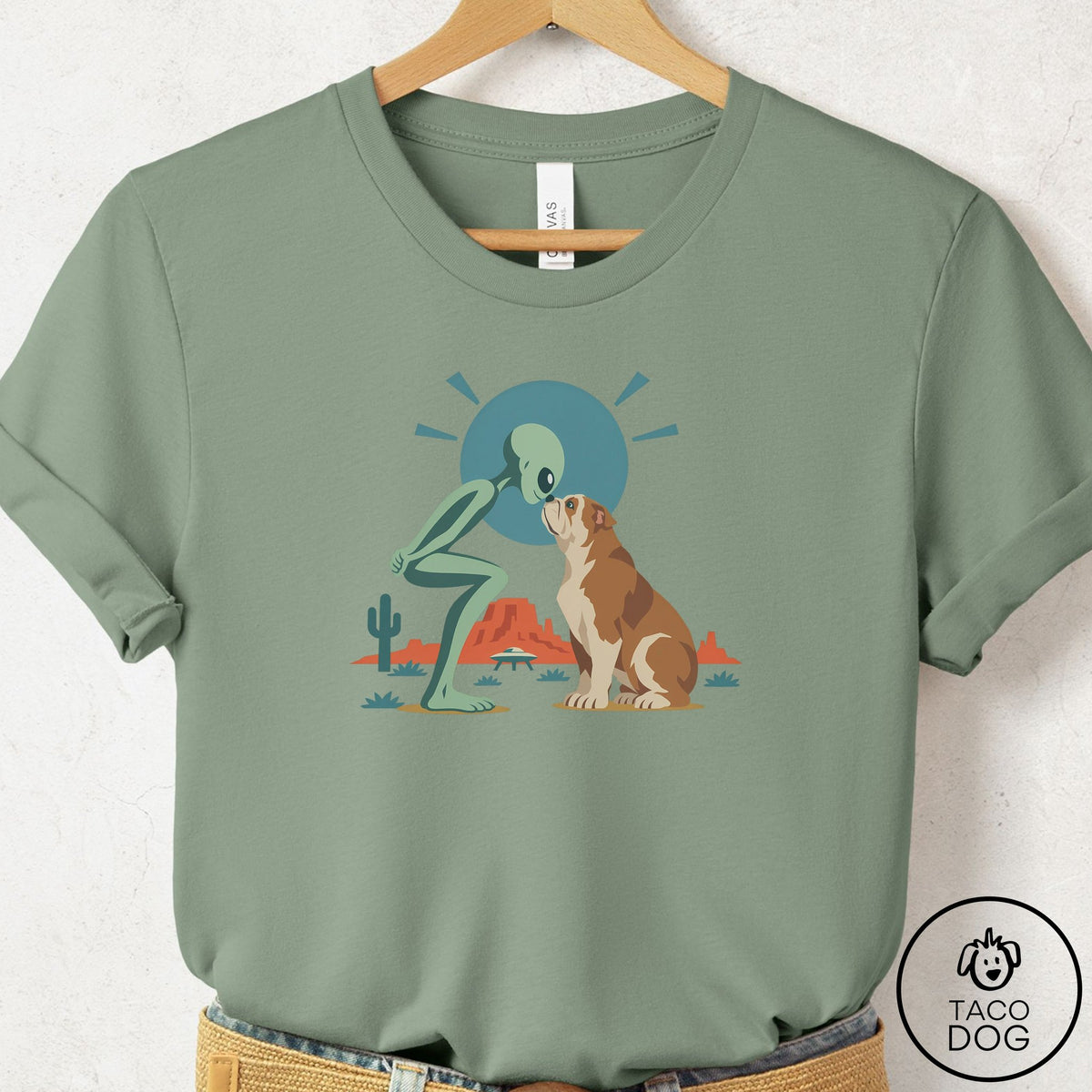 English Bulldog Hello Neighbor T-Shirt Sage Taco-Dog