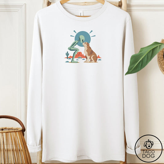 English Bulldog Hello Neighbor Long Sleeve Tee White Taco-Dog