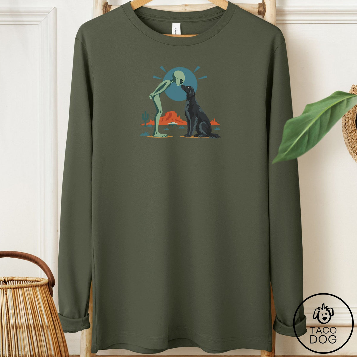 Flat-Coated Retriever Hello Neighbor Long Sleeve Tee Military Green Taco-Dog