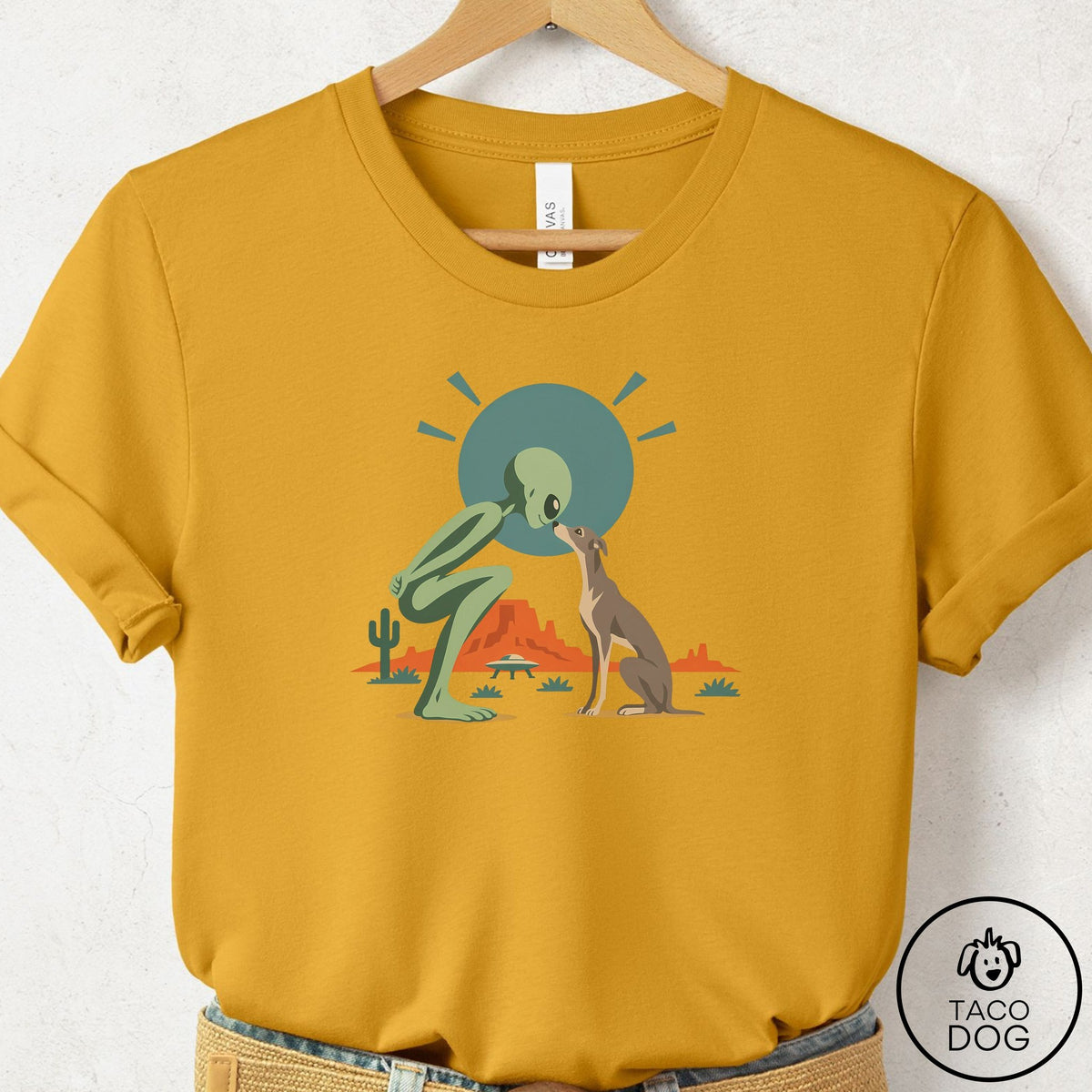 Italian Greyhound Whippet Hello Neighbor T-Shirt Mustard Taco-Dog