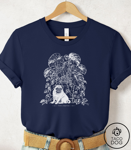 Pug Houseplant Cyanotype Tee Navy Taco-Dog