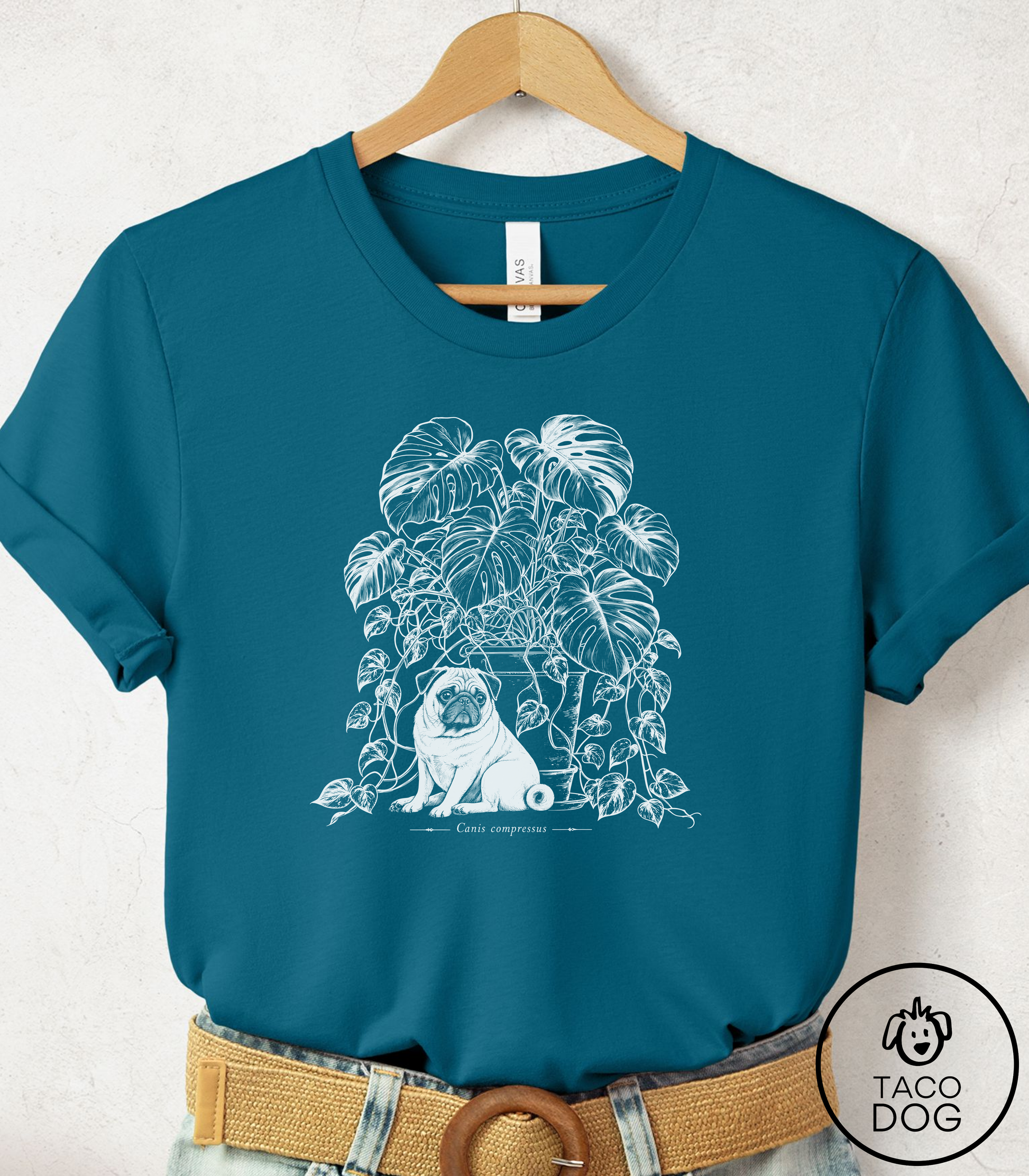 Pug Houseplant Cyanotype Tee Deep Teal Taco-Dog