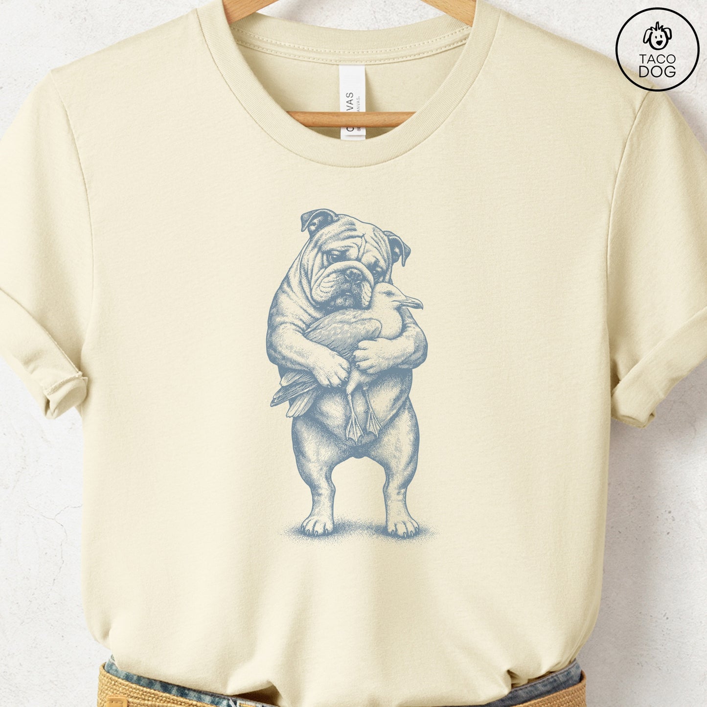 English Bulldog Hug T-Shirt Natural S Taco-Dog