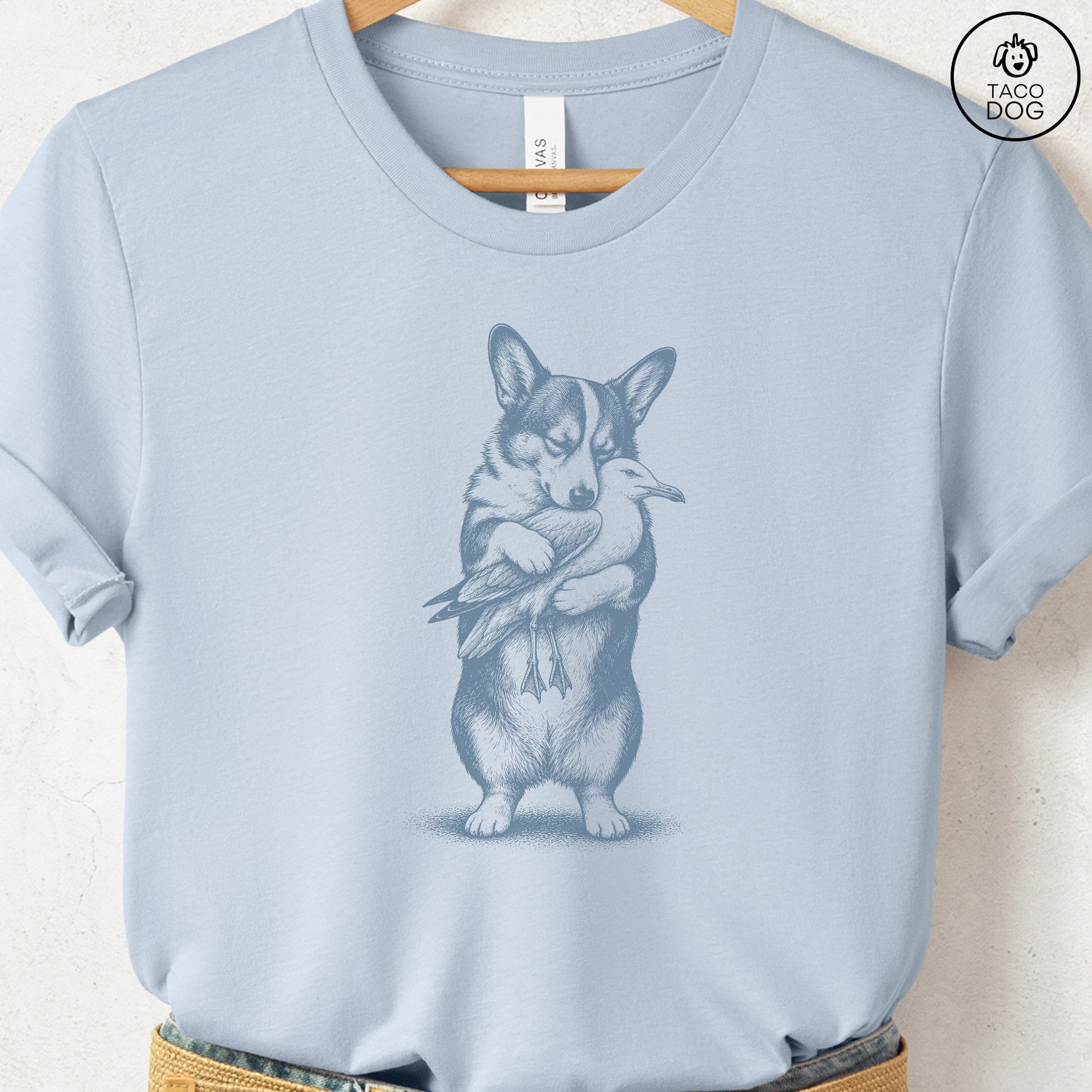 Corgi Hug T-Shirt Light Blue S Taco-Dog