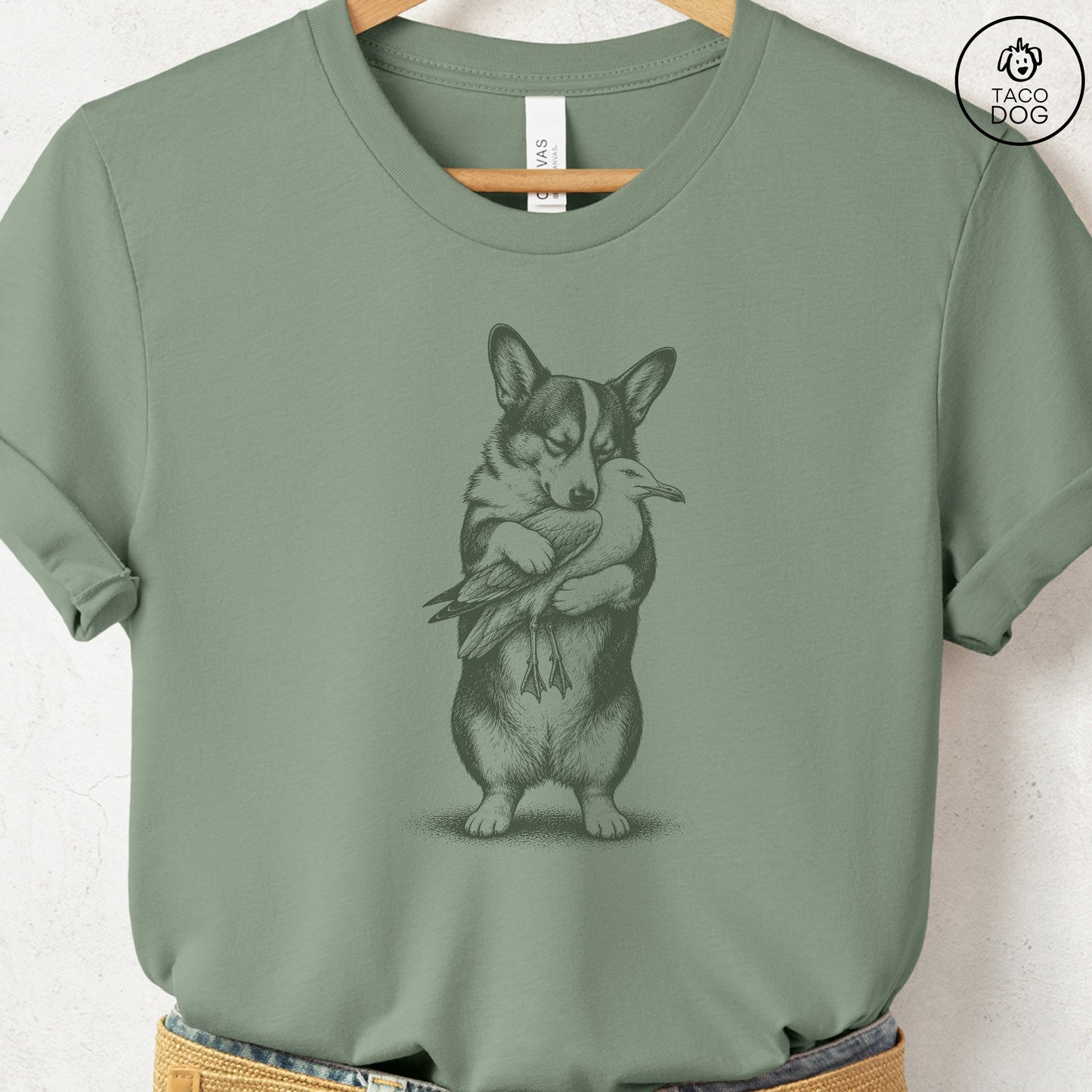 Corgi Hug T-Shirt Sage S Taco-Dog