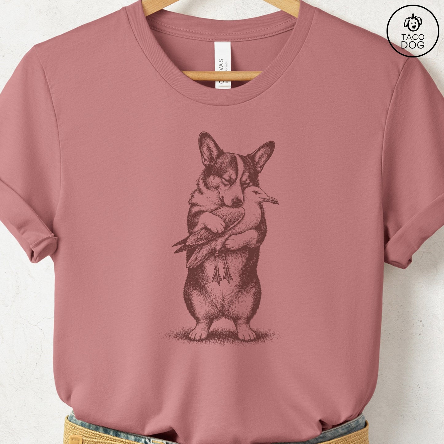 Corgi Hug T-Shirt Heather Mauve S Taco-Dog