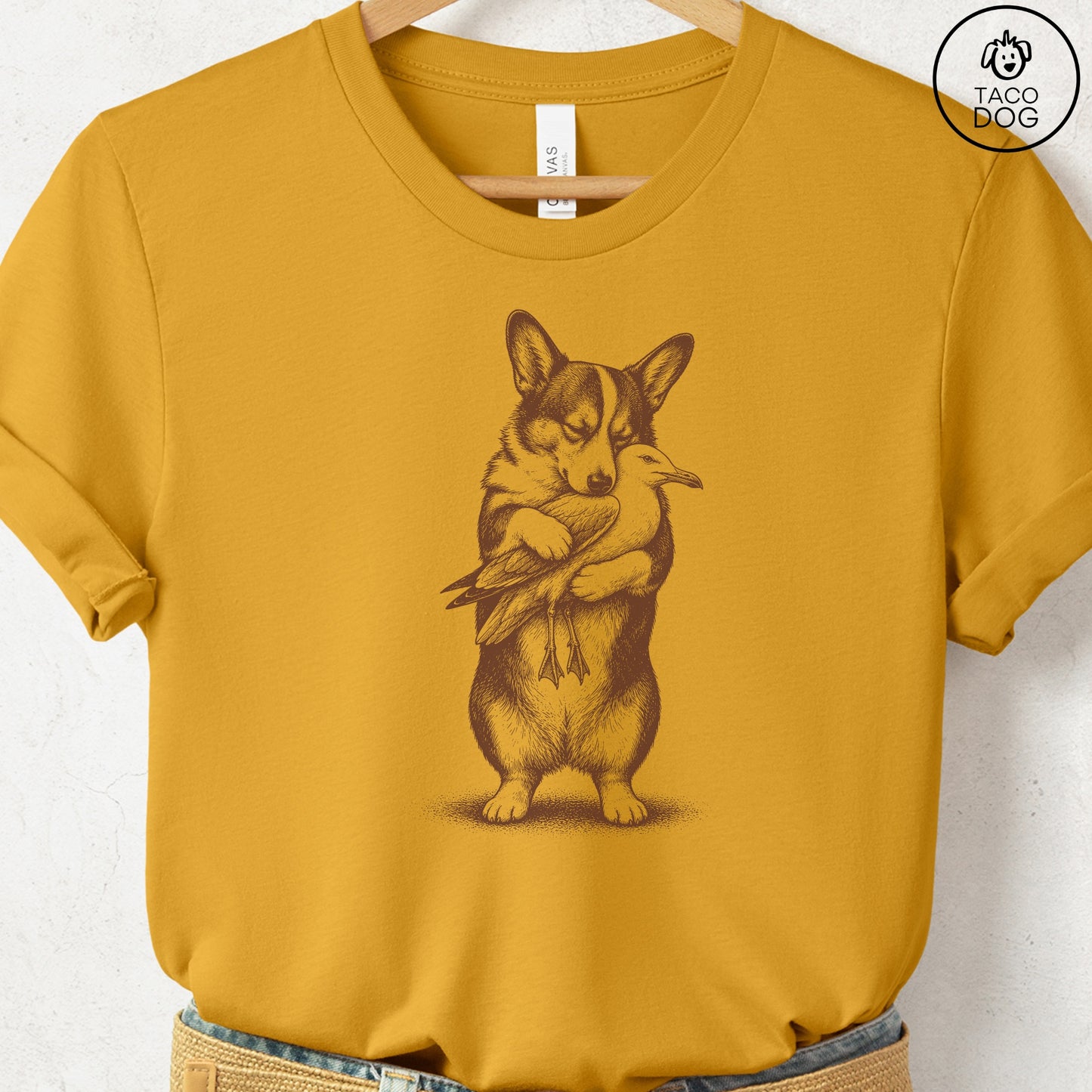Corgi Hug T-Shirt Mustard S Taco-Dog