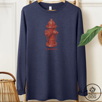 Distressed Unisex Fire Hydrant Long Sleeve Tee Heather Navy Taco-Dog