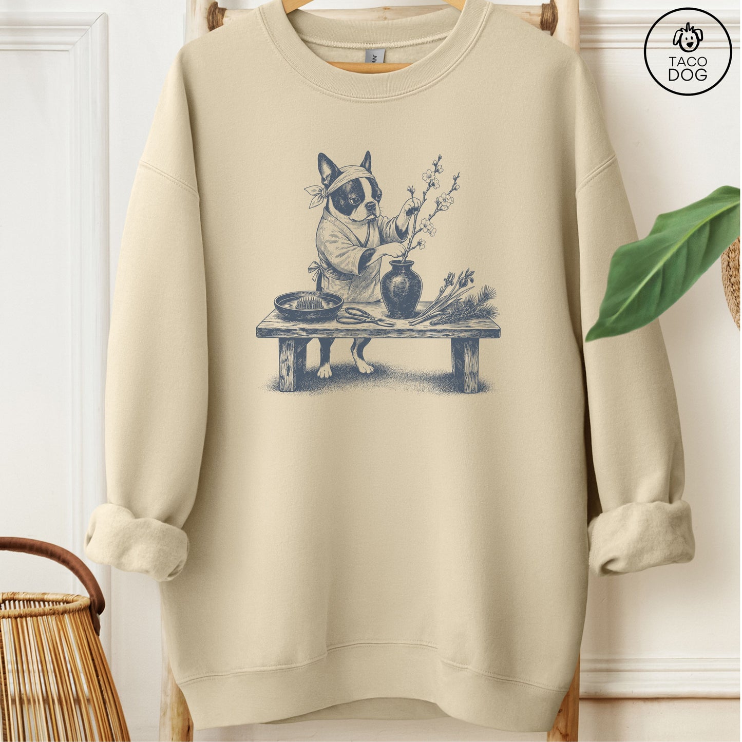 Boston Terrier Ikebana Sweatshirt Sand M Taco-Dog