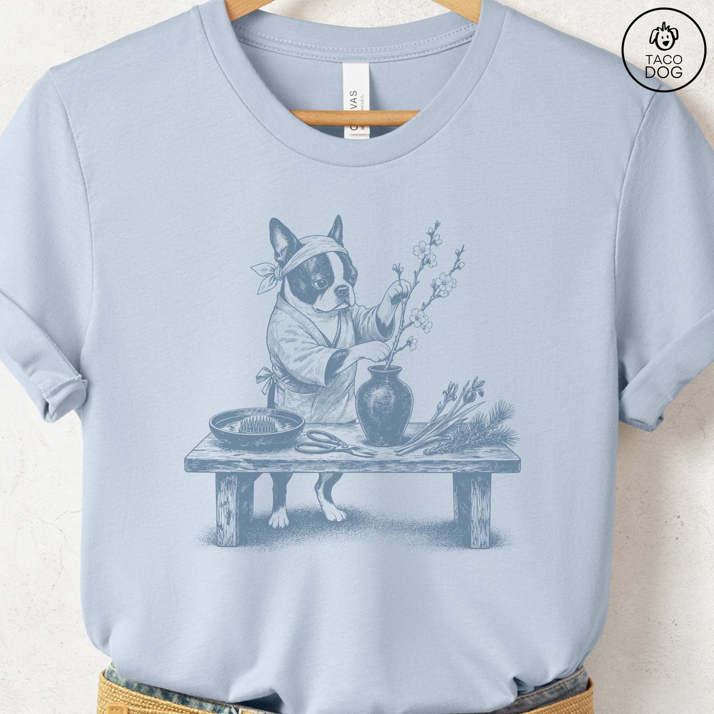 Boston Terrier Ikebana T-Shirt Light Blue S Taco-Dog