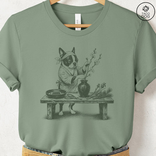 Boston Terrier Ikebana T-Shirt Sage Taco-Dog