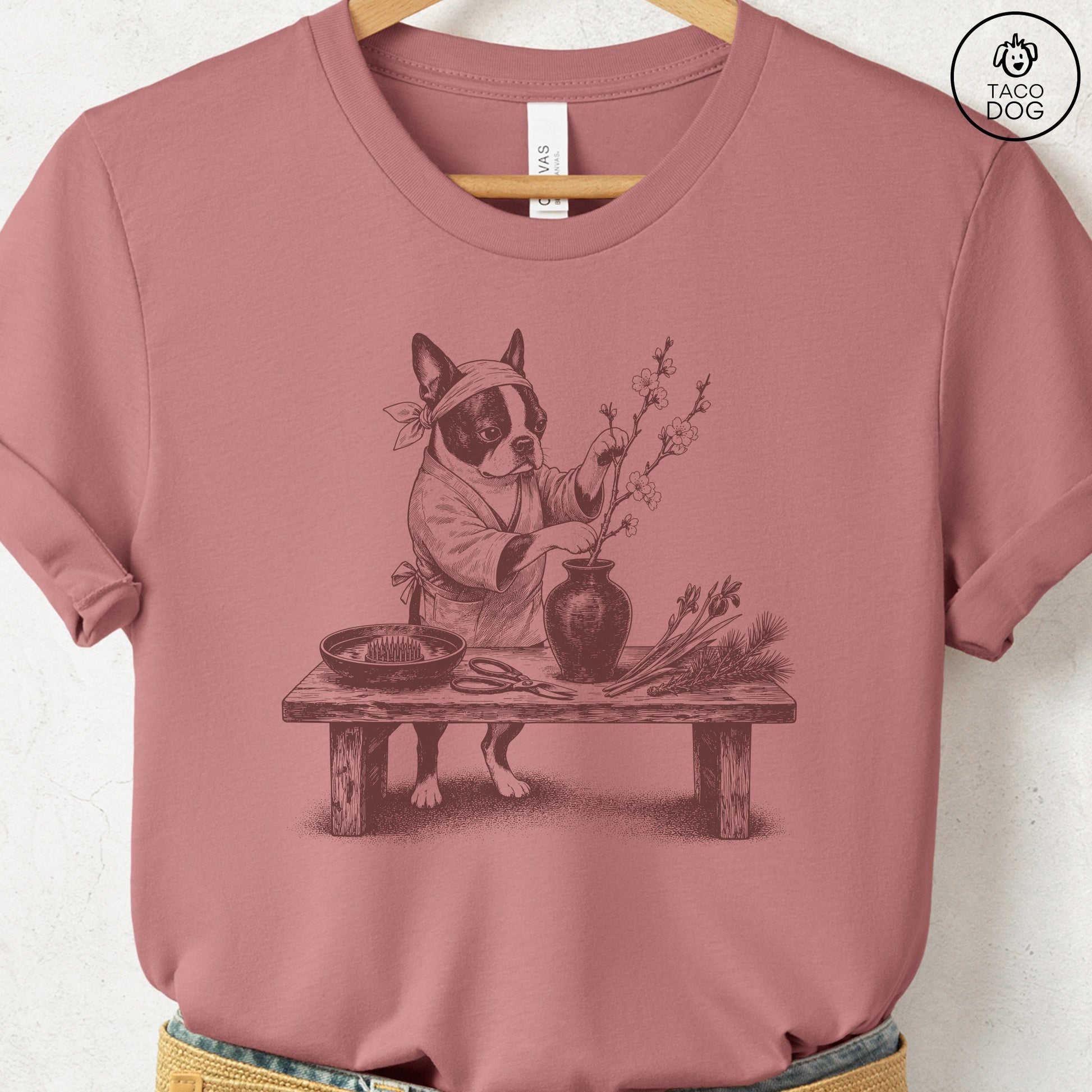 Boston Terrier Ikebana T-Shirt Heather Mauve S Taco-Dog