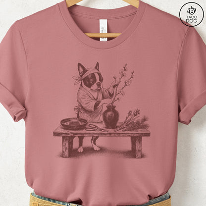 Boston Terrier Ikebana T-Shirt Heather Mauve S Taco-Dog