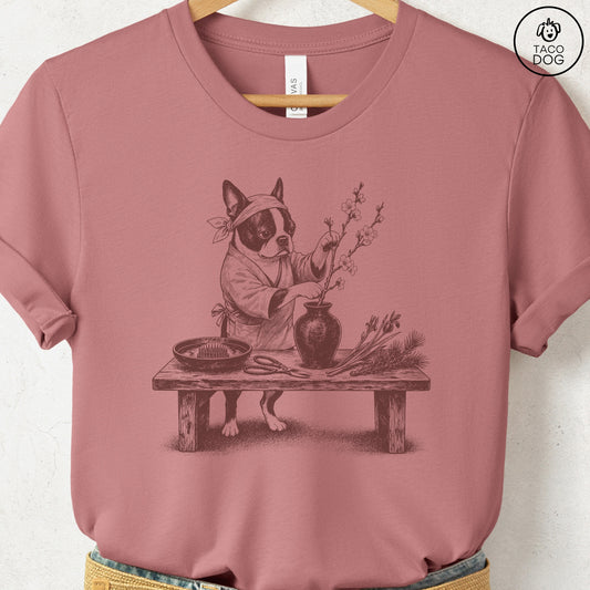 Boston Terrier Ikebana T-Shirt Heather Mauve S Taco-Dog
