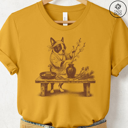 Boston Terrier Ikebana T-Shirt Mustard S Taco-Dog