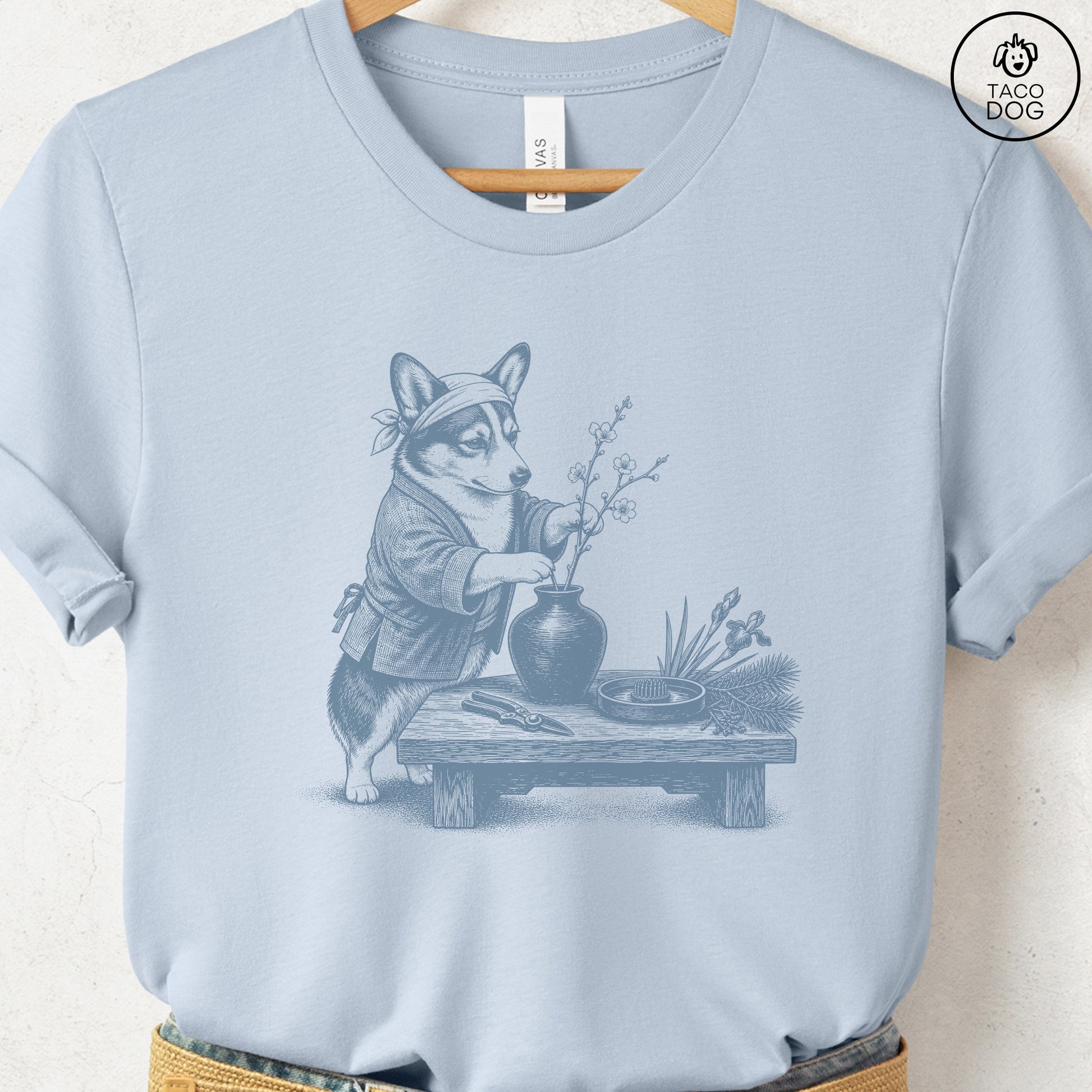 Corgi Ikebana T-Shirt Light Blue S Taco-Dog