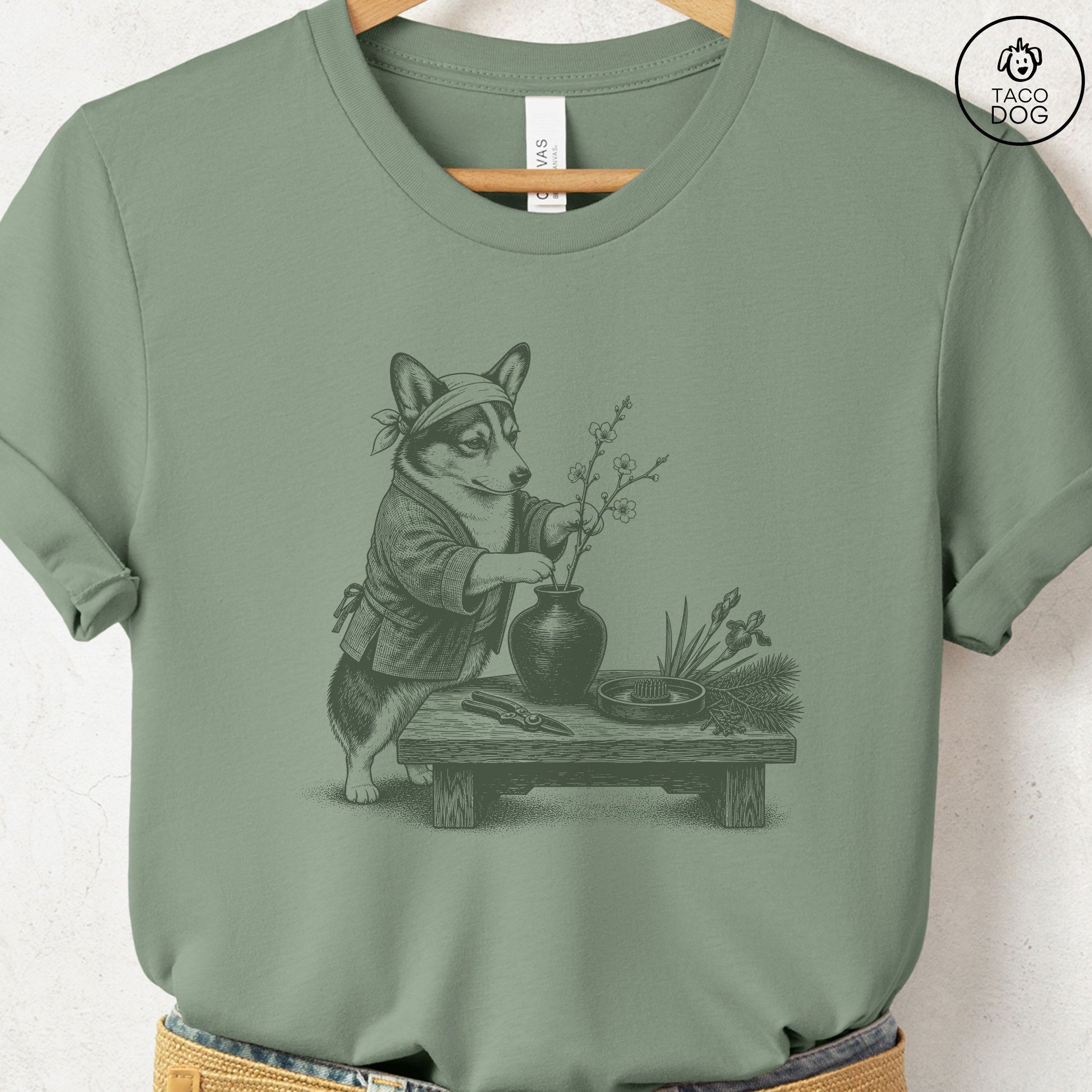 Corgi Ikebana T-Shirt Sage S Taco-Dog