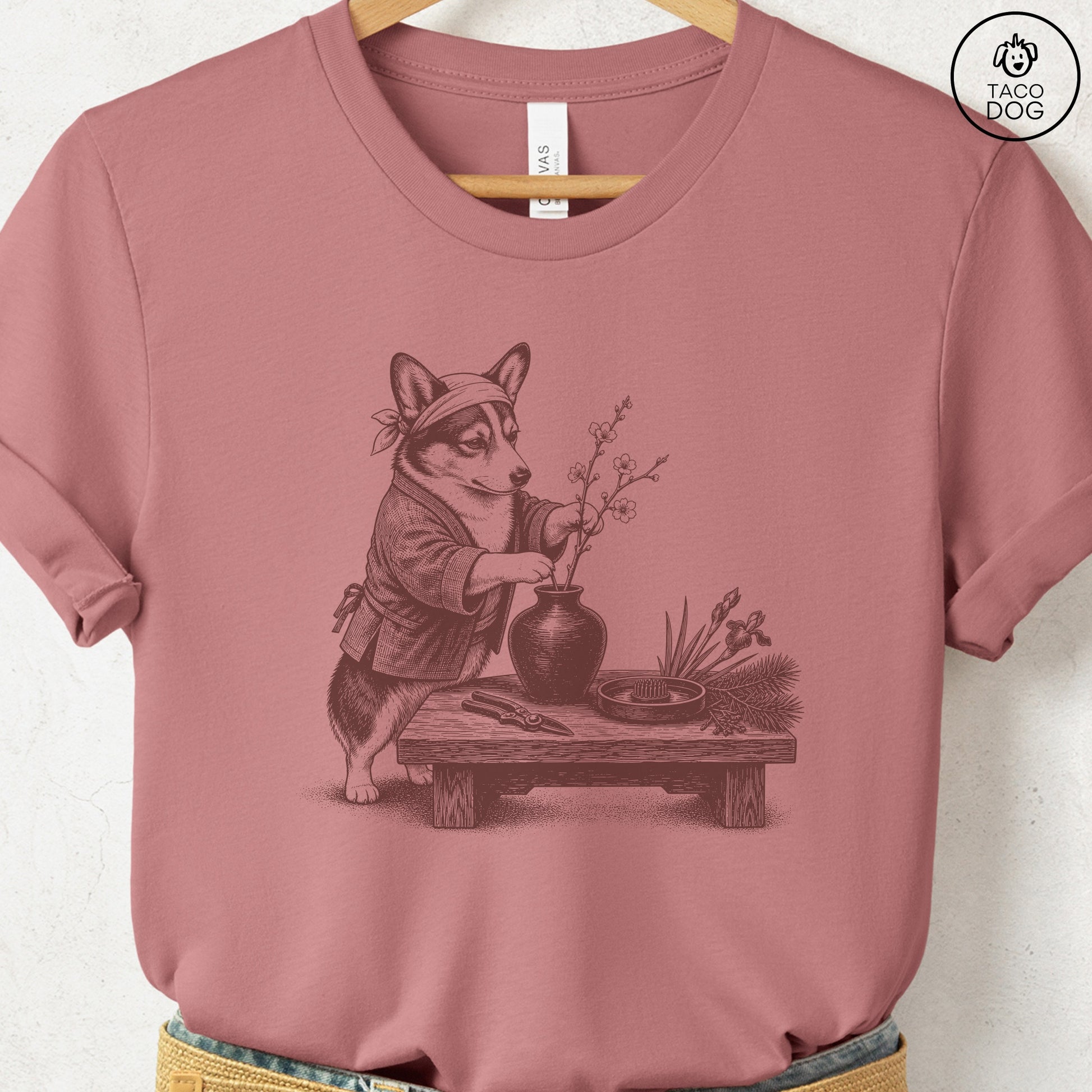 Corgi Ikebana T-Shirt Heather Mauve S Taco-Dog