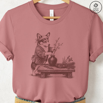 Corgi Ikebana T-Shirt Heather Mauve S Taco-Dog