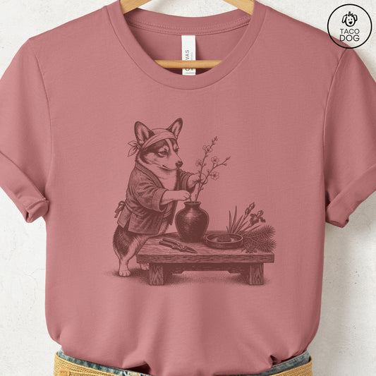 Corgi Ikebana T-Shirt Heather Mauve S Taco-Dog