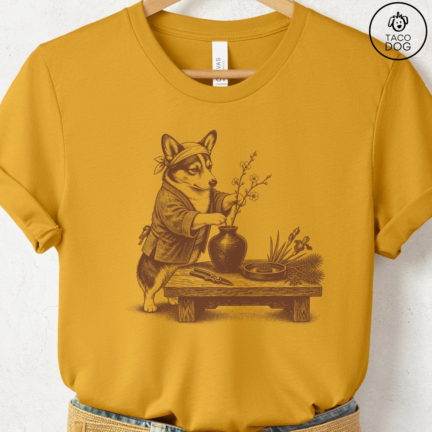 Corgi Ikebana T-Shirt Mustard S Taco-Dog