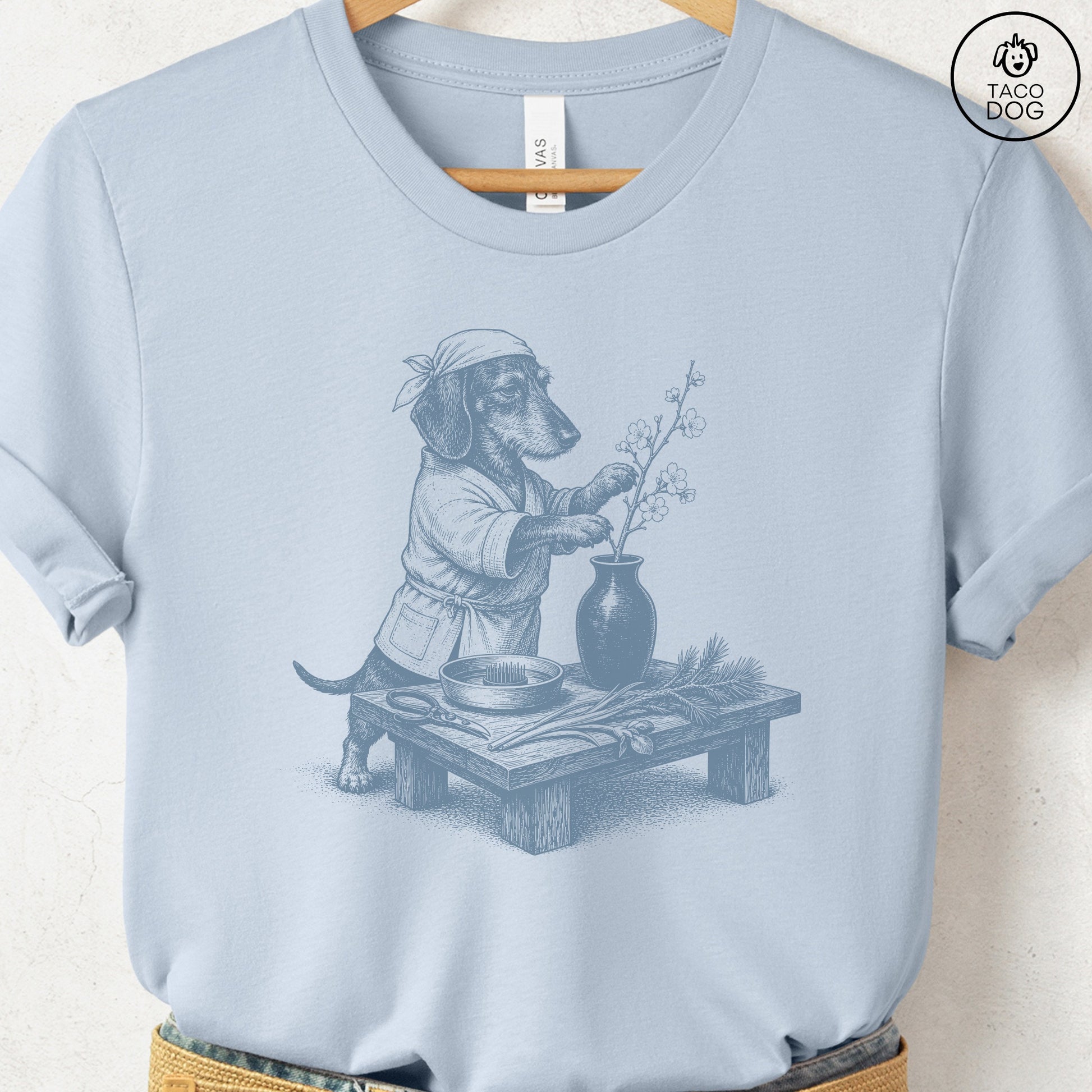 Dachshund Ikebana T-Shirt Light Blue S Taco-Dog