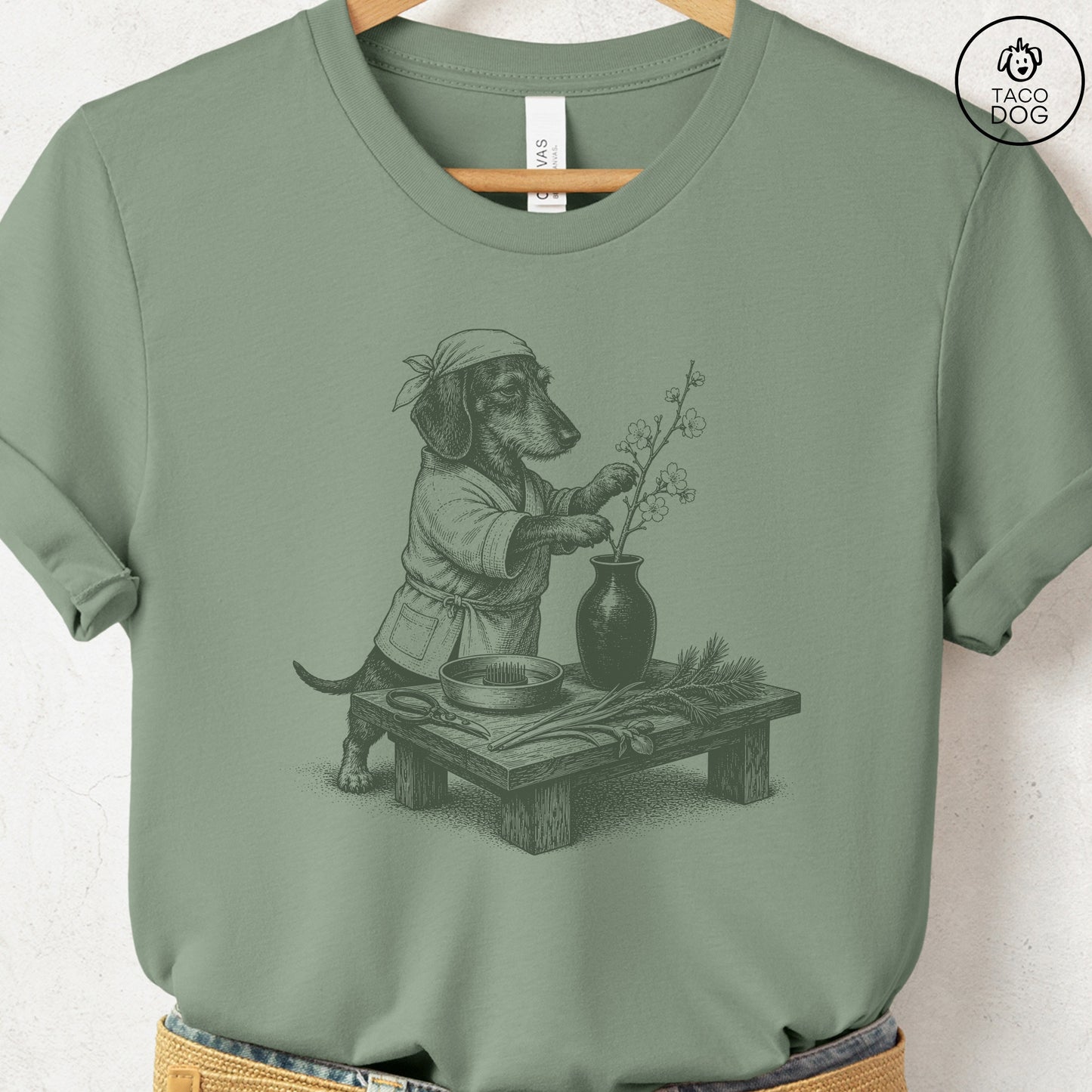 Dachshund Ikebana T-Shirt Sage S Taco-Dog
