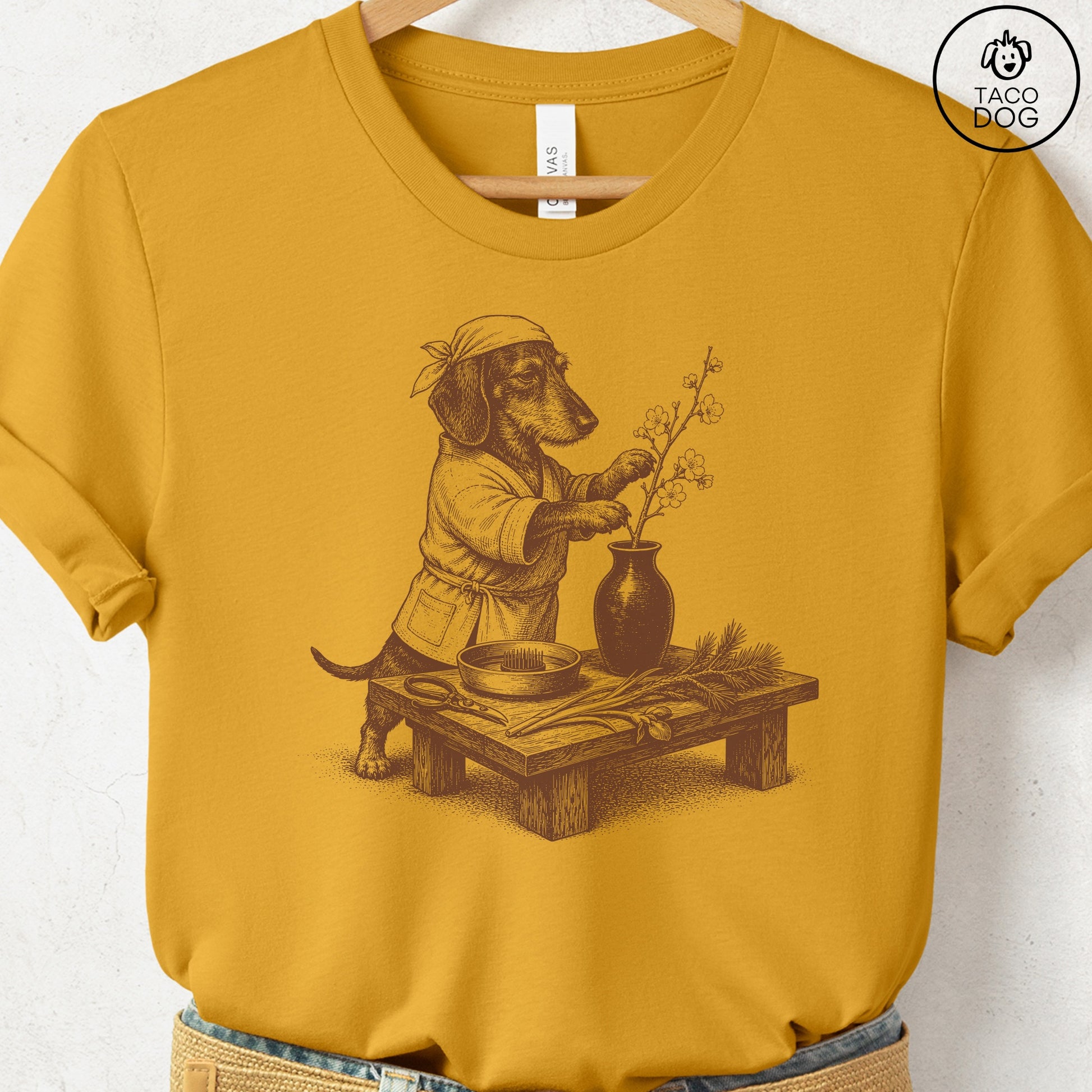 Dachshund Ikebana T-Shirt Mustard S Taco-Dog