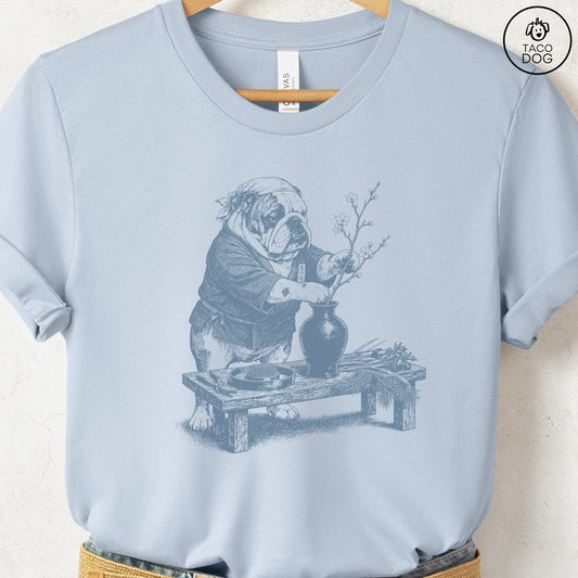 English Bulldog Ikebana T-Shirt Light Blue Taco-Dog