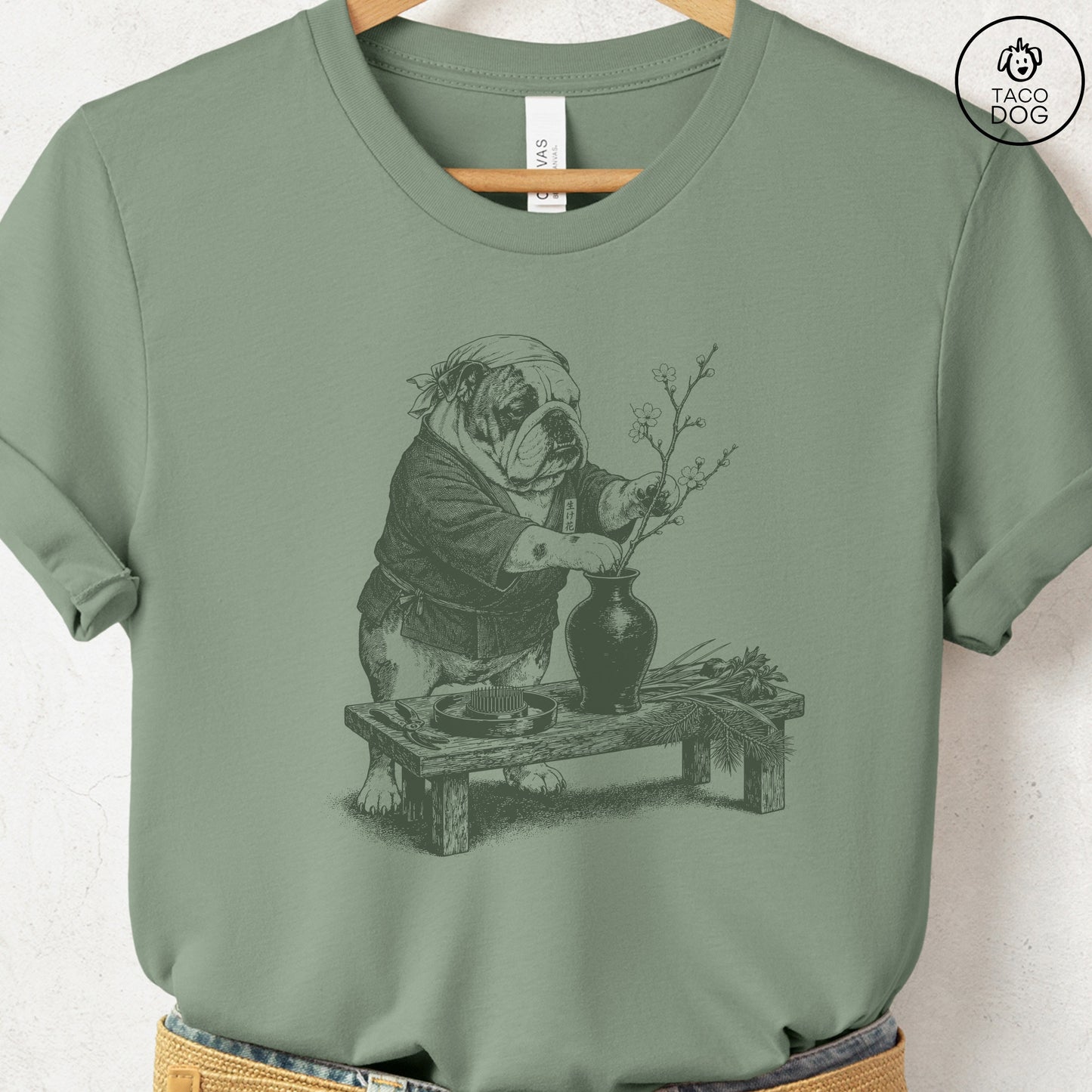 English Bulldog Ikebana T-Shirt Sage S Taco-Dog