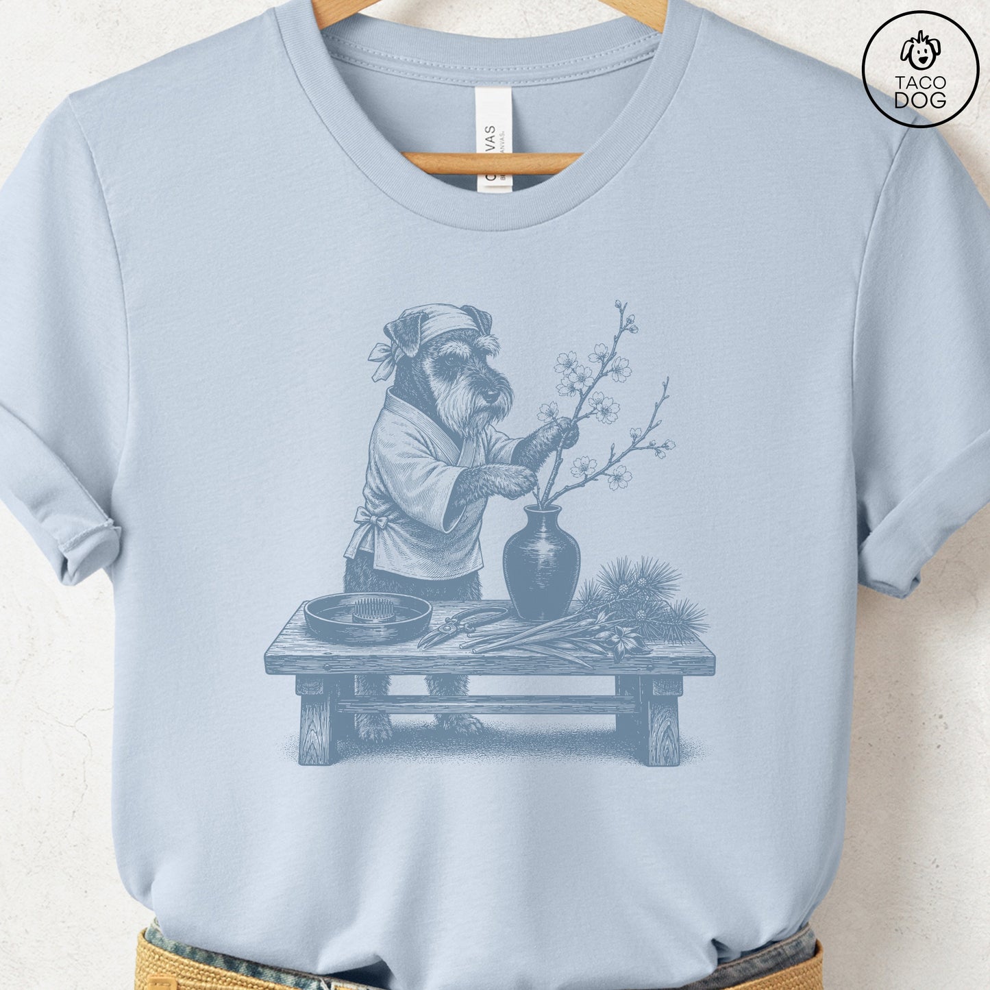 Schnauzer Ikebana T-Shirt Light Blue S Taco-Dog
