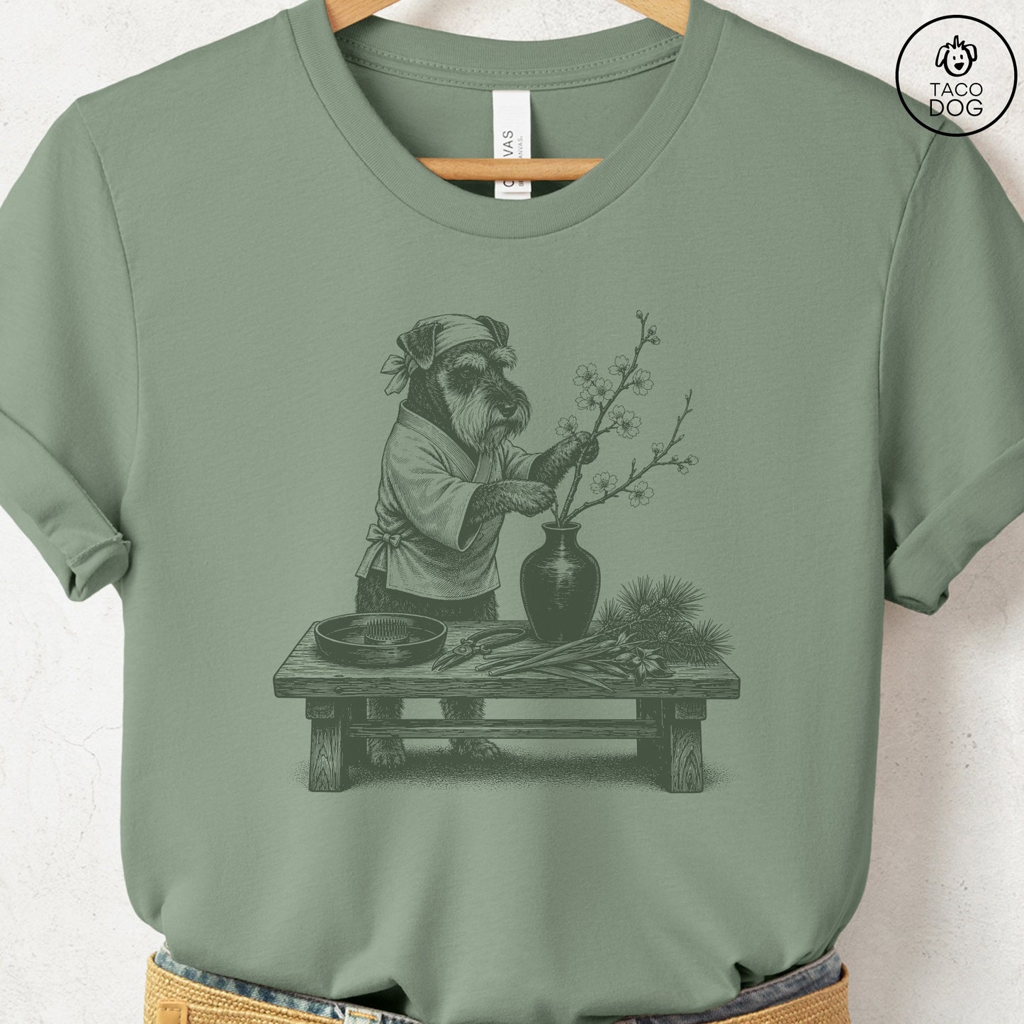 Schnauzer Ikebana T-Shirt Sage S Taco-Dog