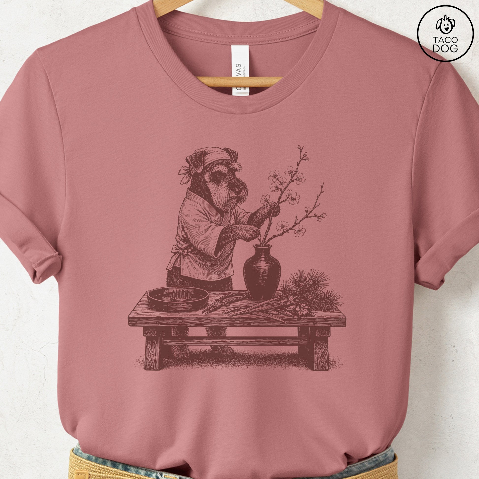 Schnauzer Ikebana T-Shirt Heather Mauve S Taco-Dog