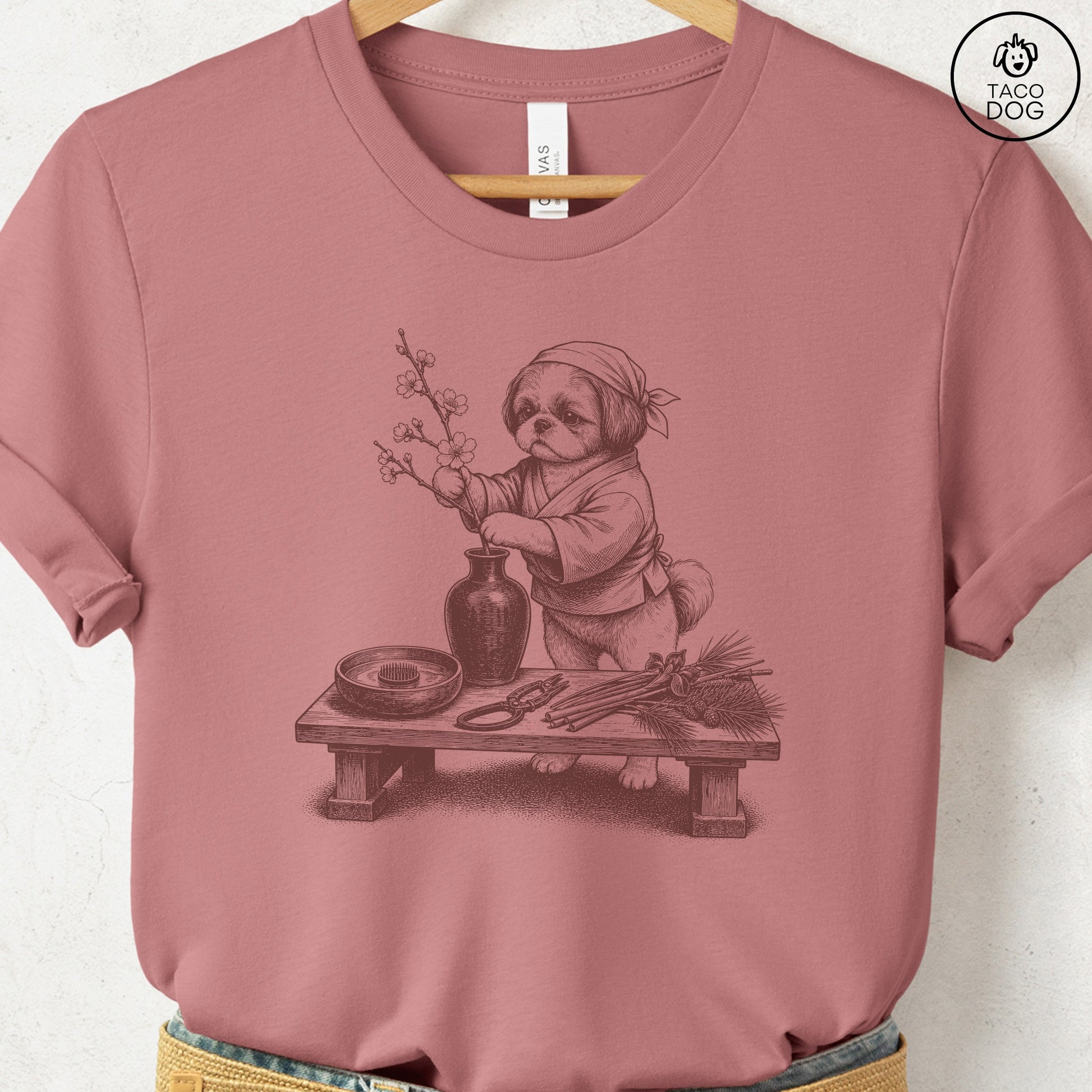 Shih Tzu Ikebana T-Shirt Heather Mauve S Taco-Dog