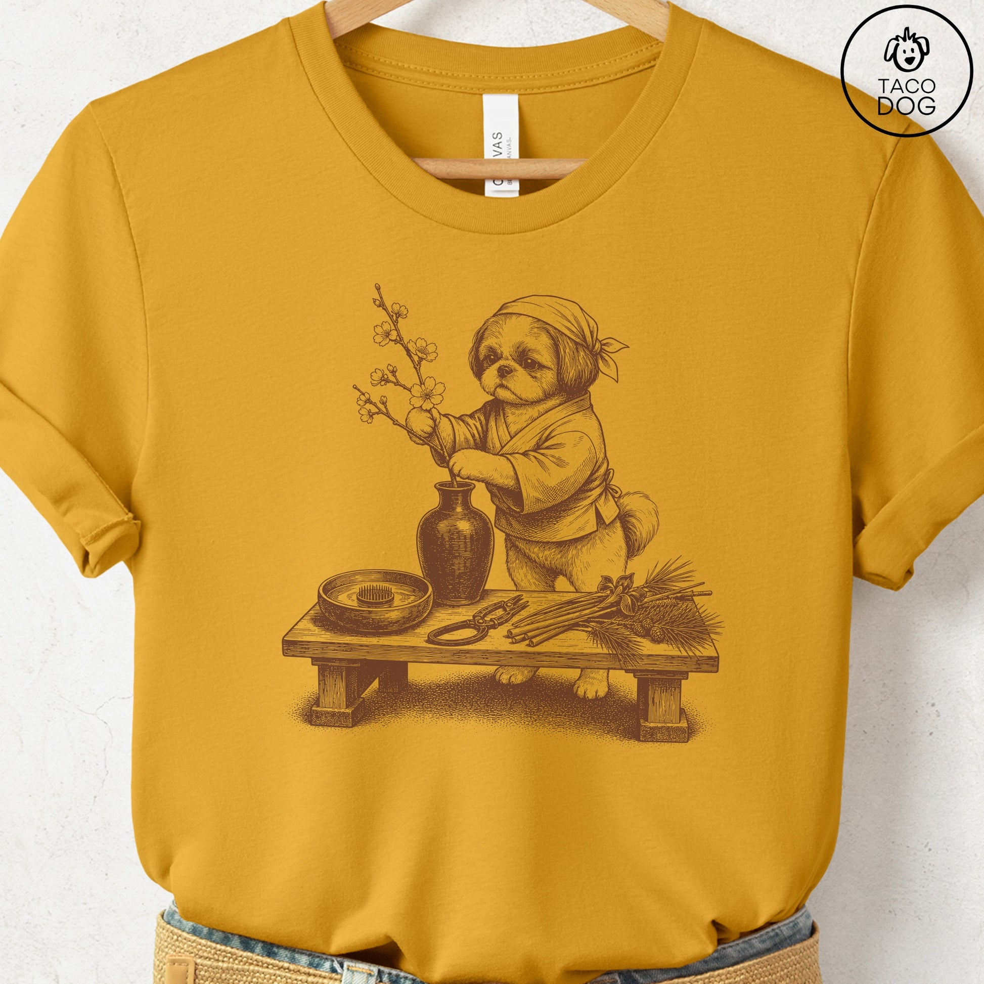 Shih Tzu Ikebana T-Shirt Mustard S Taco-Dog