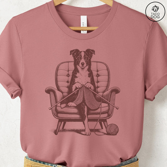 Border Collie Knitting T-Shirt Heather Mauve Taco-Dog