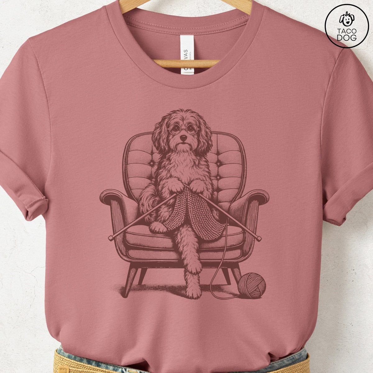 Havanese Knitting T-Shirt Heather Mauve Taco-Dog