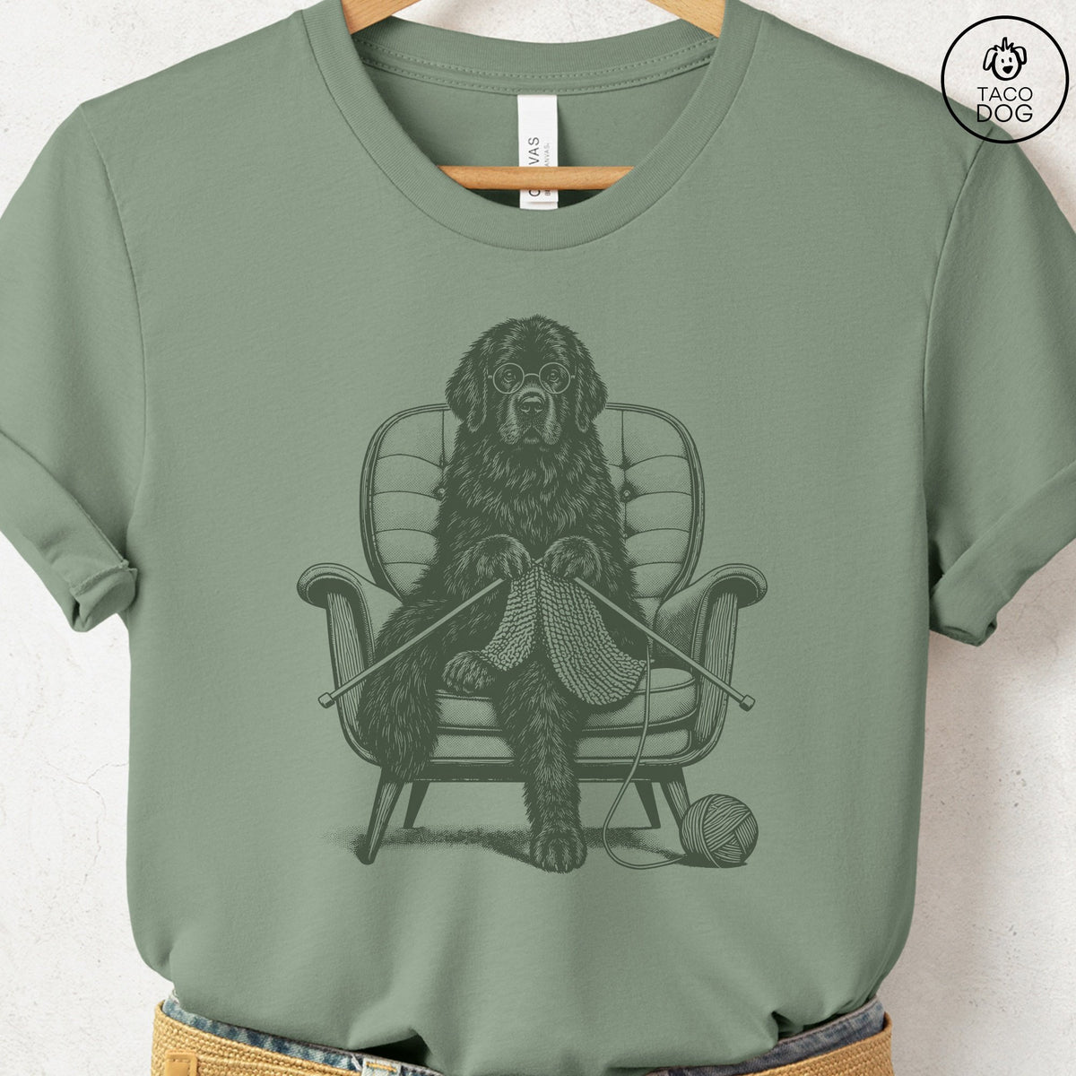 Newfoundland Knitting T-Shirt Sage Taco-Dog