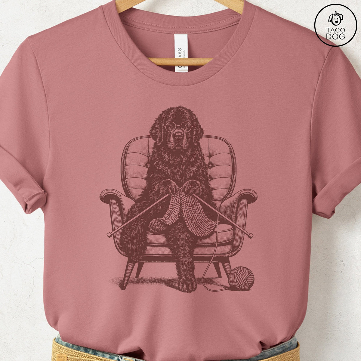 Newfoundland Knitting T-Shirt Heather Mauve Taco-Dog