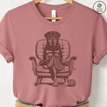 Rottweiler Knitting T-Shirt Heather Mauve Taco-Dog