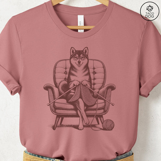 Shiba Inu Knitting T-Shirt Heather Mauve Taco-Dog